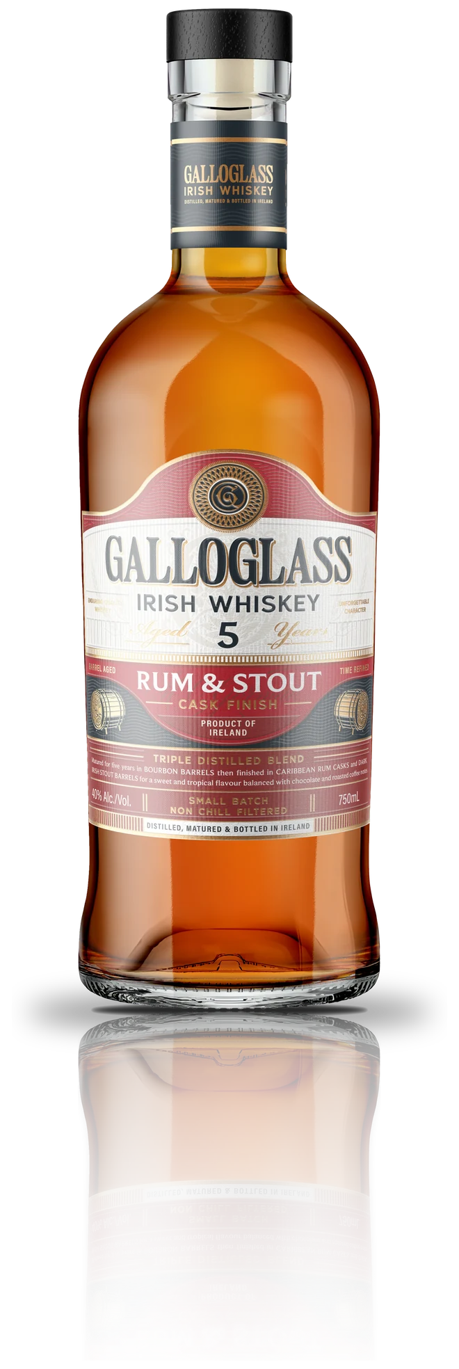 Galloglass 5 Year Rum and Stout Cask Finish, 750mL bottle with red label