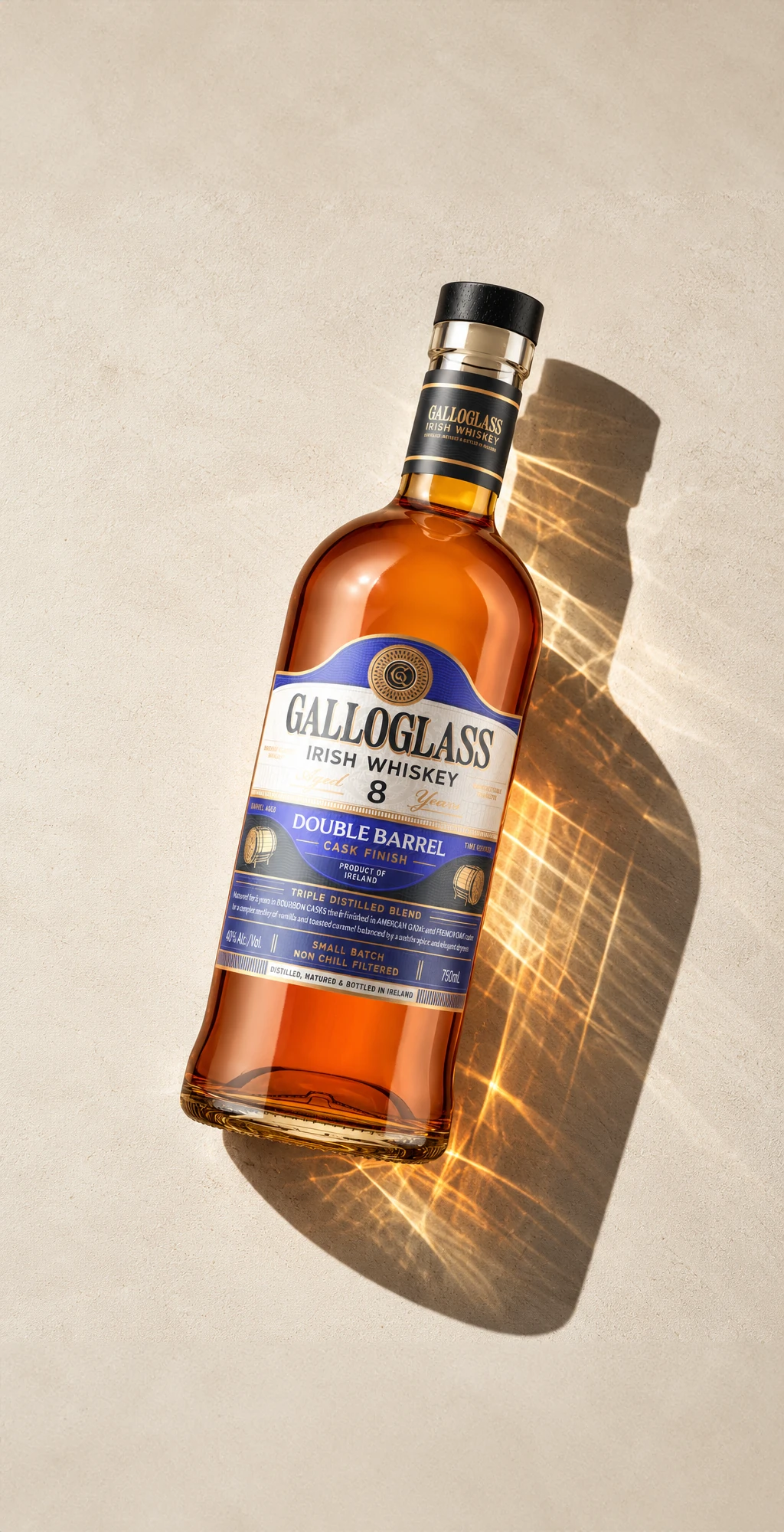 Galloglass 8 Year Double Barrel bottle lying in sunlight