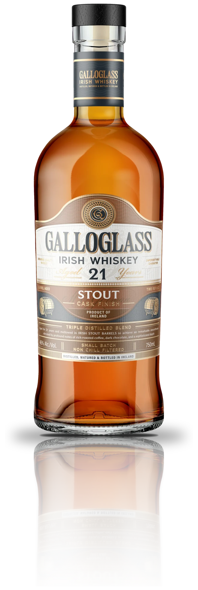 Galloglass 21 Year Stout Cask Finish, 750mL bottle with brown label